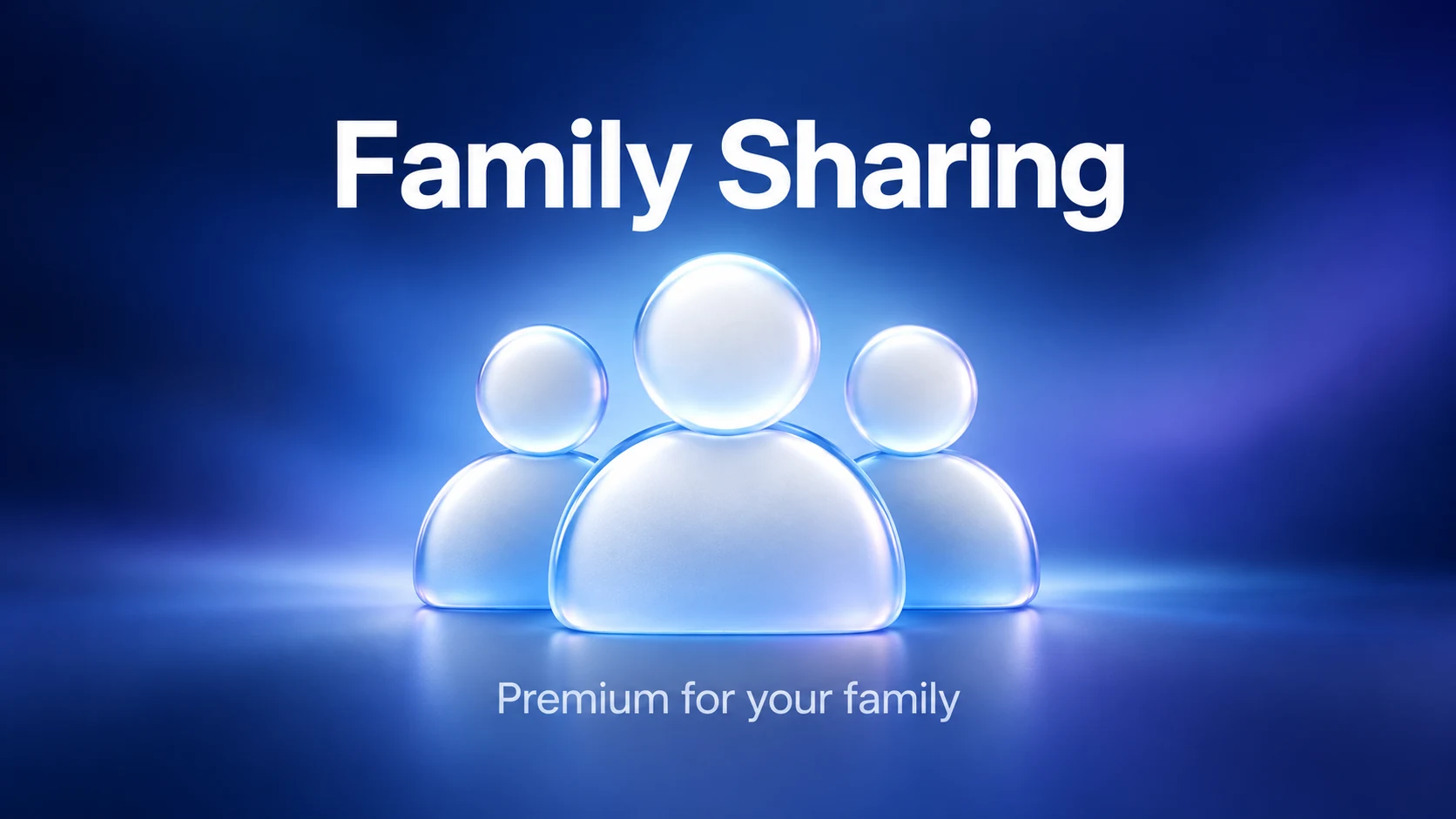 Illustration for Apple Family Sharing with three filled glass person silhouettes centred on a blue background beneath Family Sharing and above Premium for your family