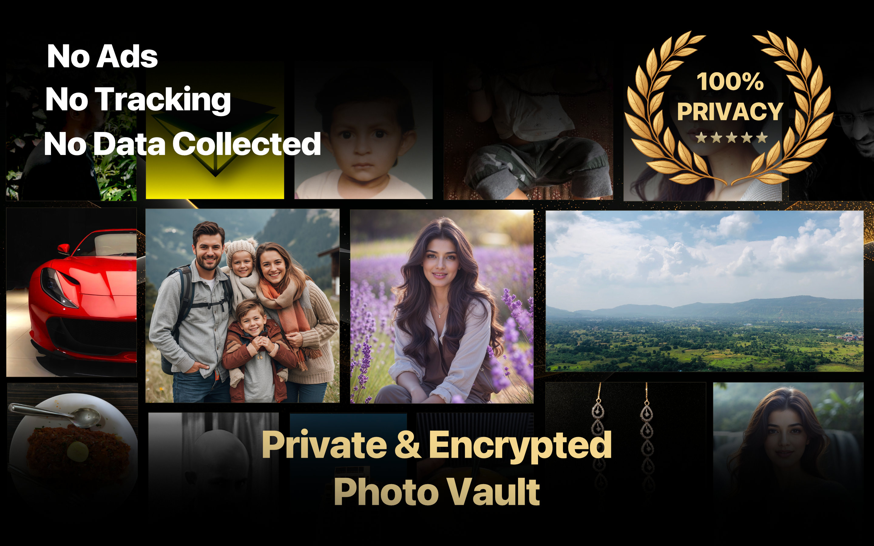 Trustful Secret Photo Vault for Mac highlighting no ads, no tracking, no data collection, and encrypted photo privacy
