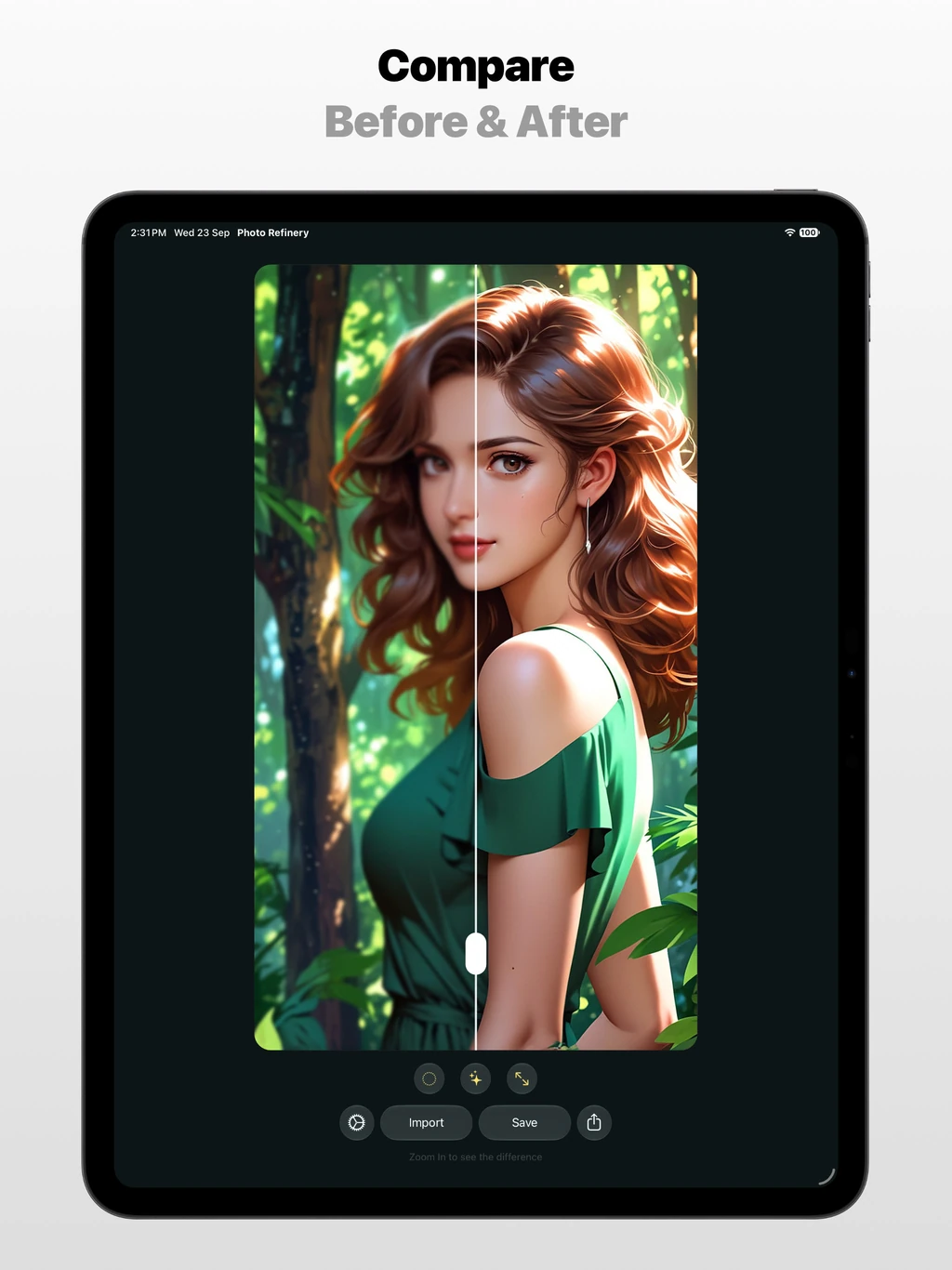 Photo Refinery on iPad showing a before-and-after comparison of a red-haired illustrated character