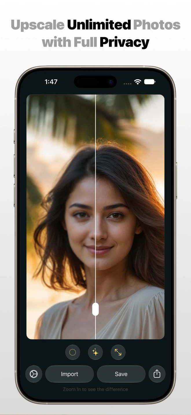 Photo Refinery on iPhone showing a portrait comparison, a white comparison handle, and editing controls below the image