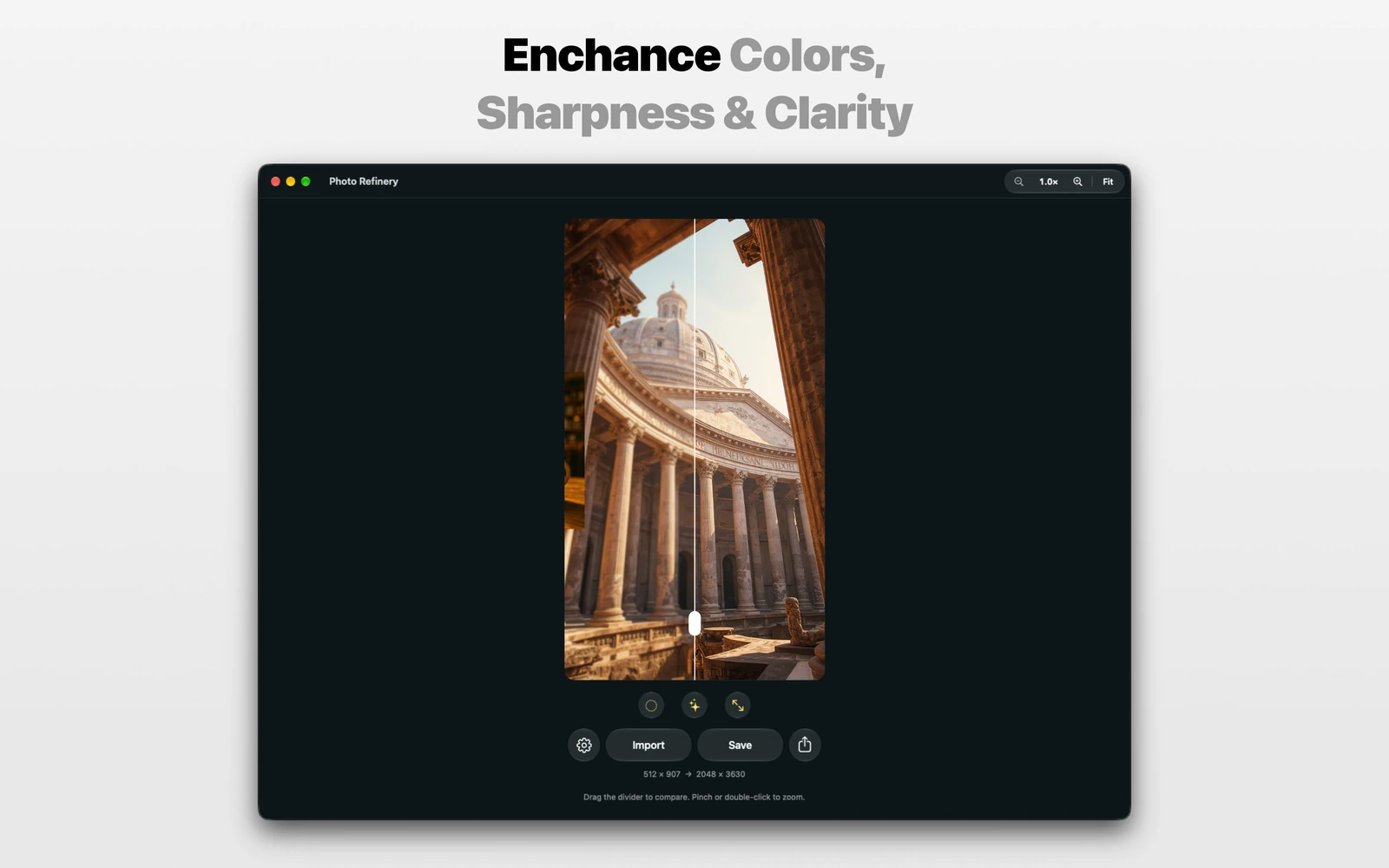 Photo Refinery on Mac displaying an architectural photograph with a before-and-after comparison divider