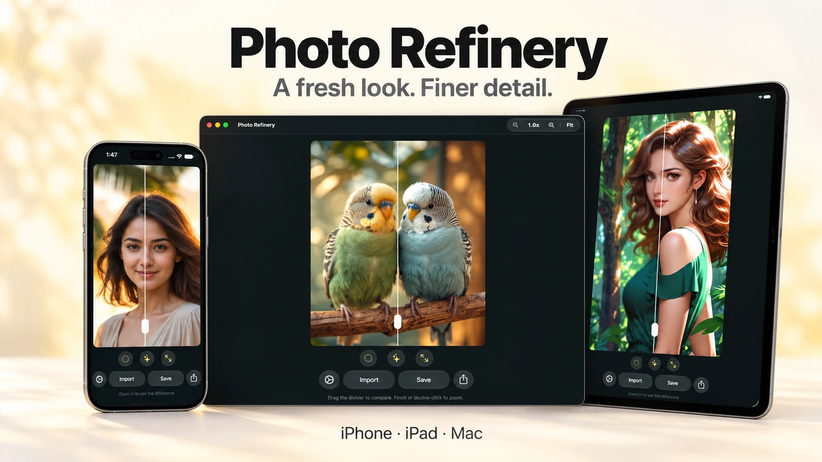 Photo Refinery update artwork with iPhone, Mac, and iPad views of portraits, birds, and illustrated artwork, headed A fresh look. Finer detail.