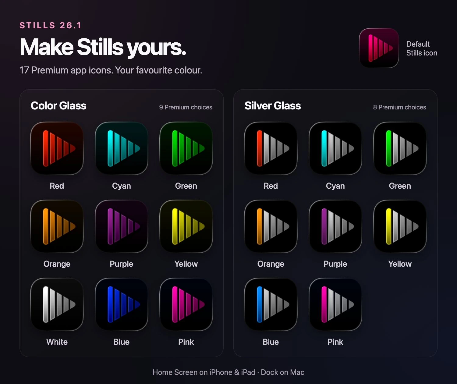 Stills 26.1 app icon gallery showing the default icon, nine Color Glass icons, and eight Silver Glass icons in their available colours