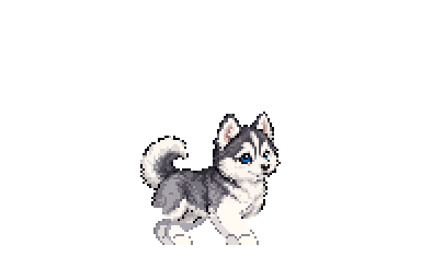 Stills app companion artwork for Apple iPhone, iPad, and Mac showing Husky Puppy, a silver-and-white pixel-art husky puppy with blue eyes