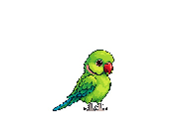 Stills app companion artwork for Apple iPhone, iPad, and Mac showing Parrot, a green pixel-art parrot with a red beak and blue tail