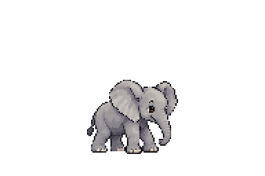 Stills app companion artwork for Apple iPhone, iPad, and Mac showing Elephant Calf, a small grey pixel-art elephant with large ears and a curved trunk