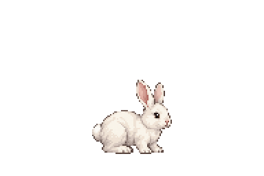 Stills app companion artwork for Apple iPhone, iPad, and Mac showing Rabbit, an ivory pixel-art rabbit with upright pink-lined ears and a small round tail