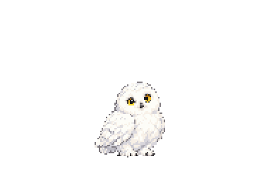 Stills app companion artwork for Apple iPhone, iPad, and Mac showing Snowy Owl, a white pixel-art owl with yellow eyes and softly speckled wings