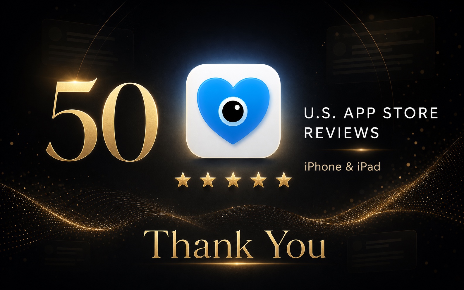 Trustful app icon celebrating 50 U.S. App Store reviews on iPhone and iPad with five gold stars