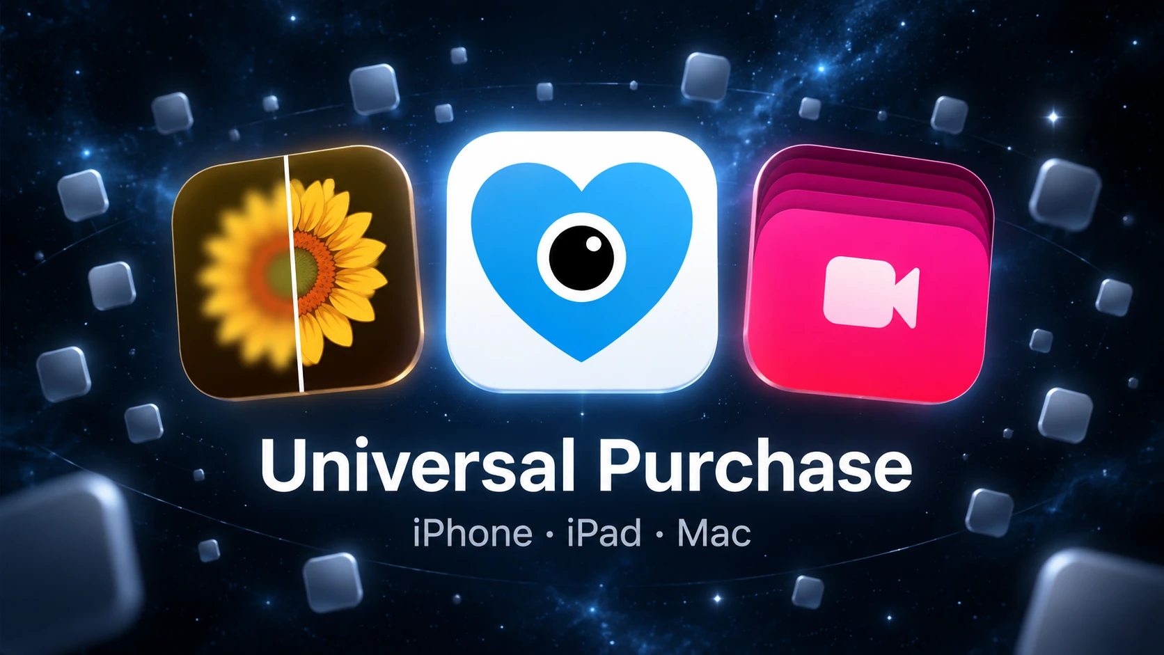 Photo Refinery, Trustful, and Stills app icons surrounded by distant blank app tiles in a starry sky, with Universal Purchase and iPhone, iPad, Mac text