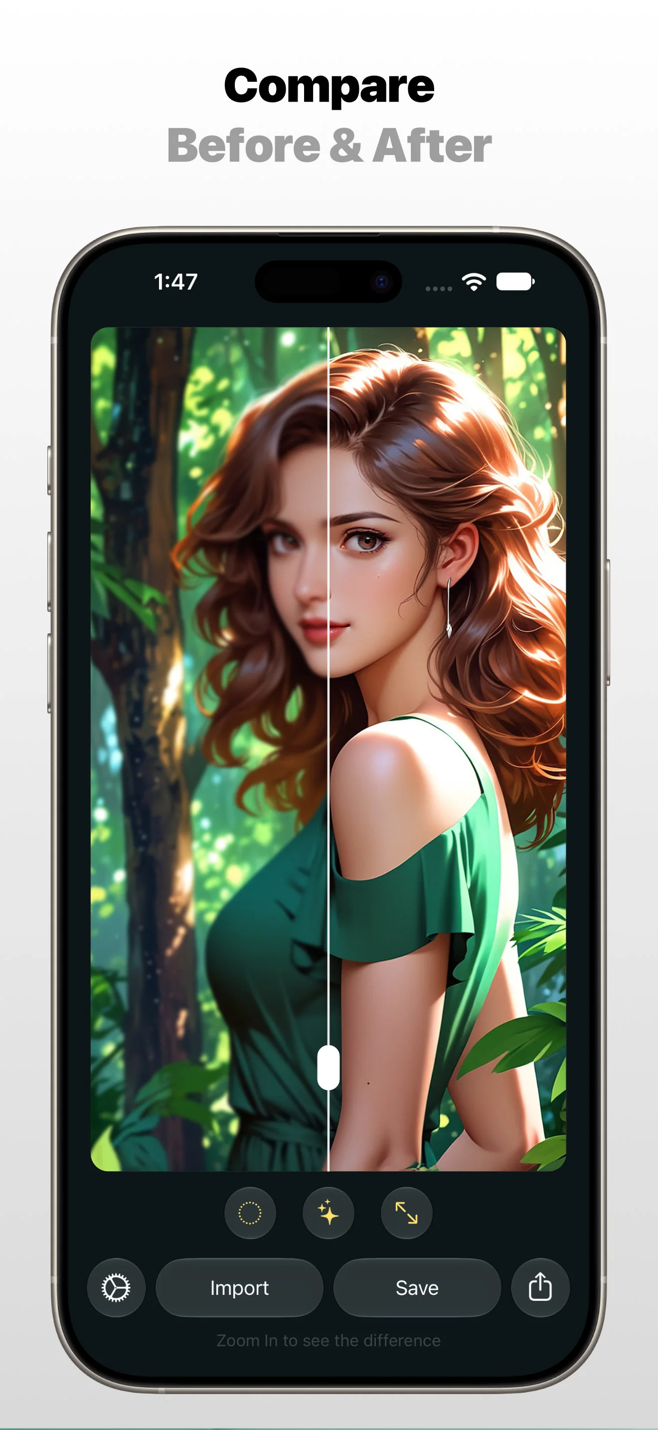 Photo Refinery app on Apple iPhone comparing a red-haired illustration with the message Compare Before & After
