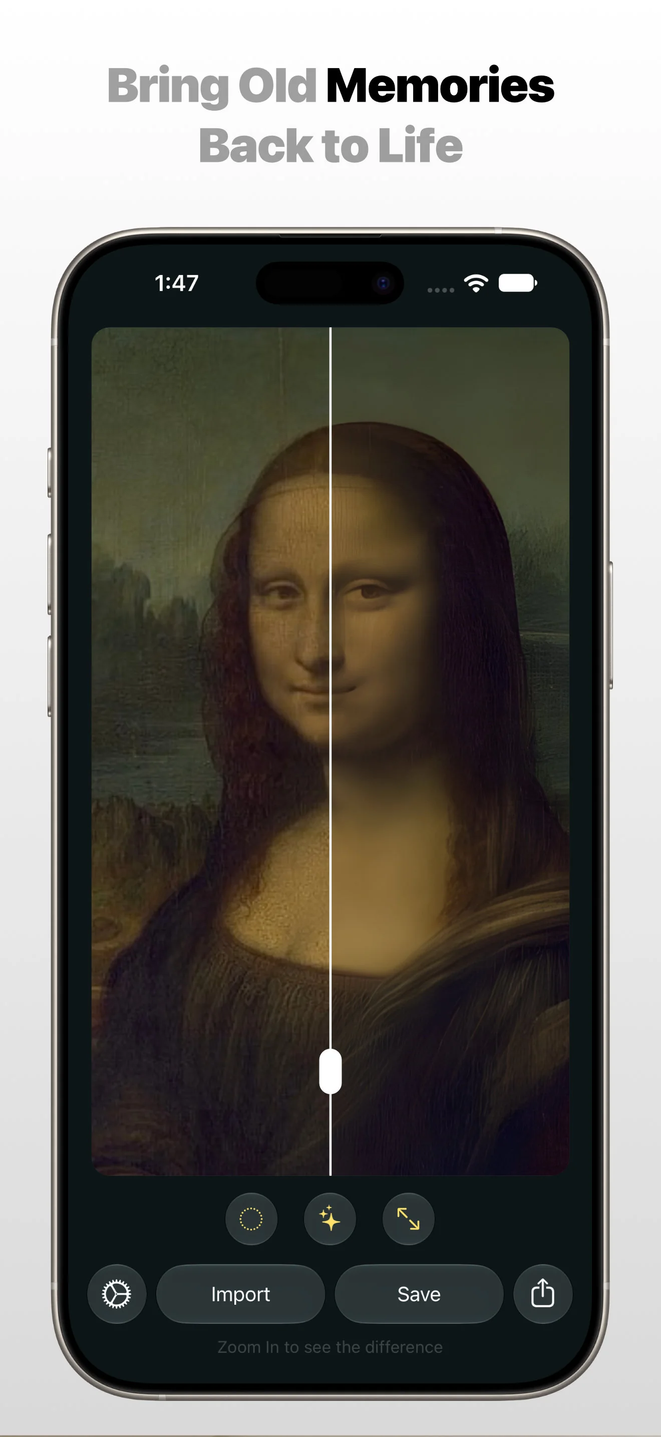 Photo Refinery app on Apple iPhone refining a soft reproduction of the Mona Lisa with the message Bring Old Memories Back to Life