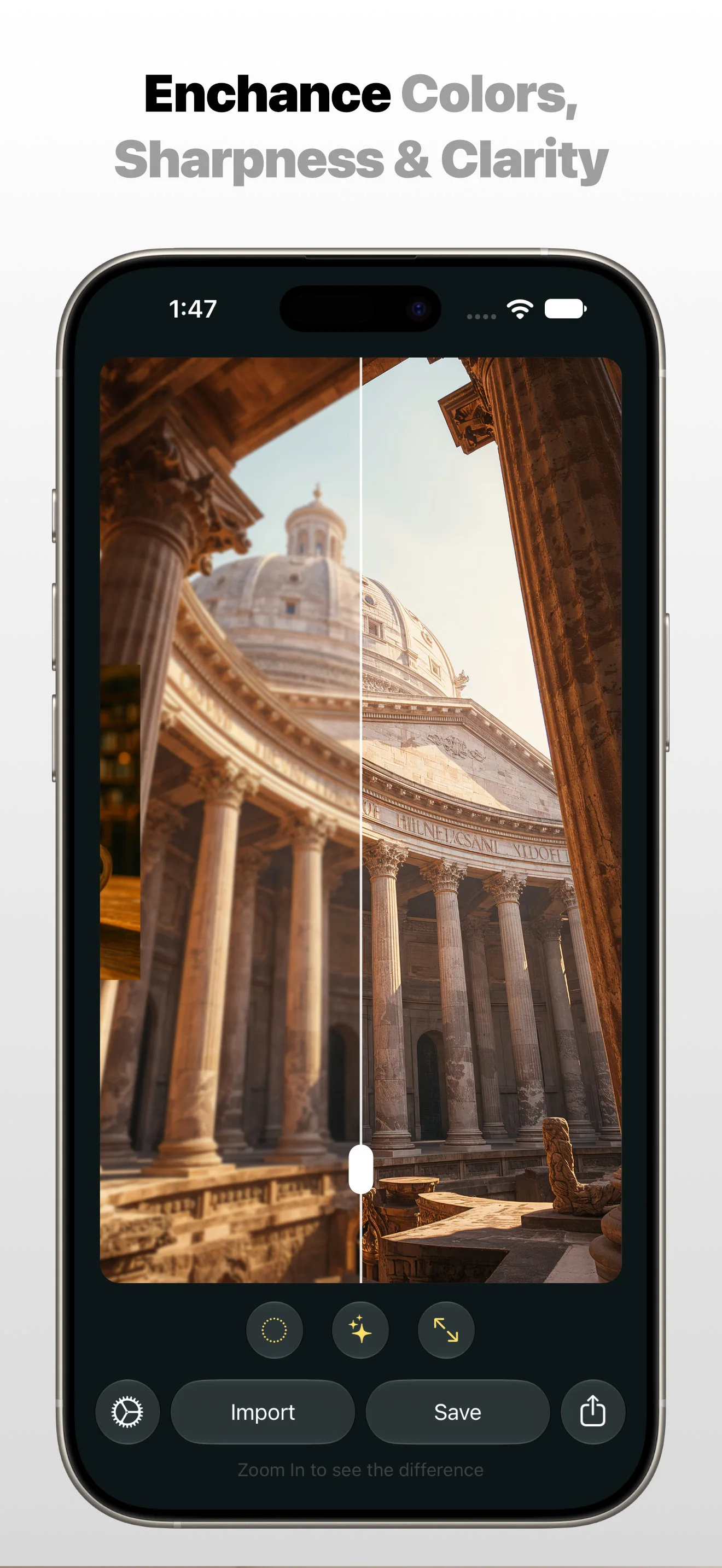 Photo Refinery app on Apple iPhone enhancing an architectural photograph with the message Enhance Colors, Sharpness & Clarity