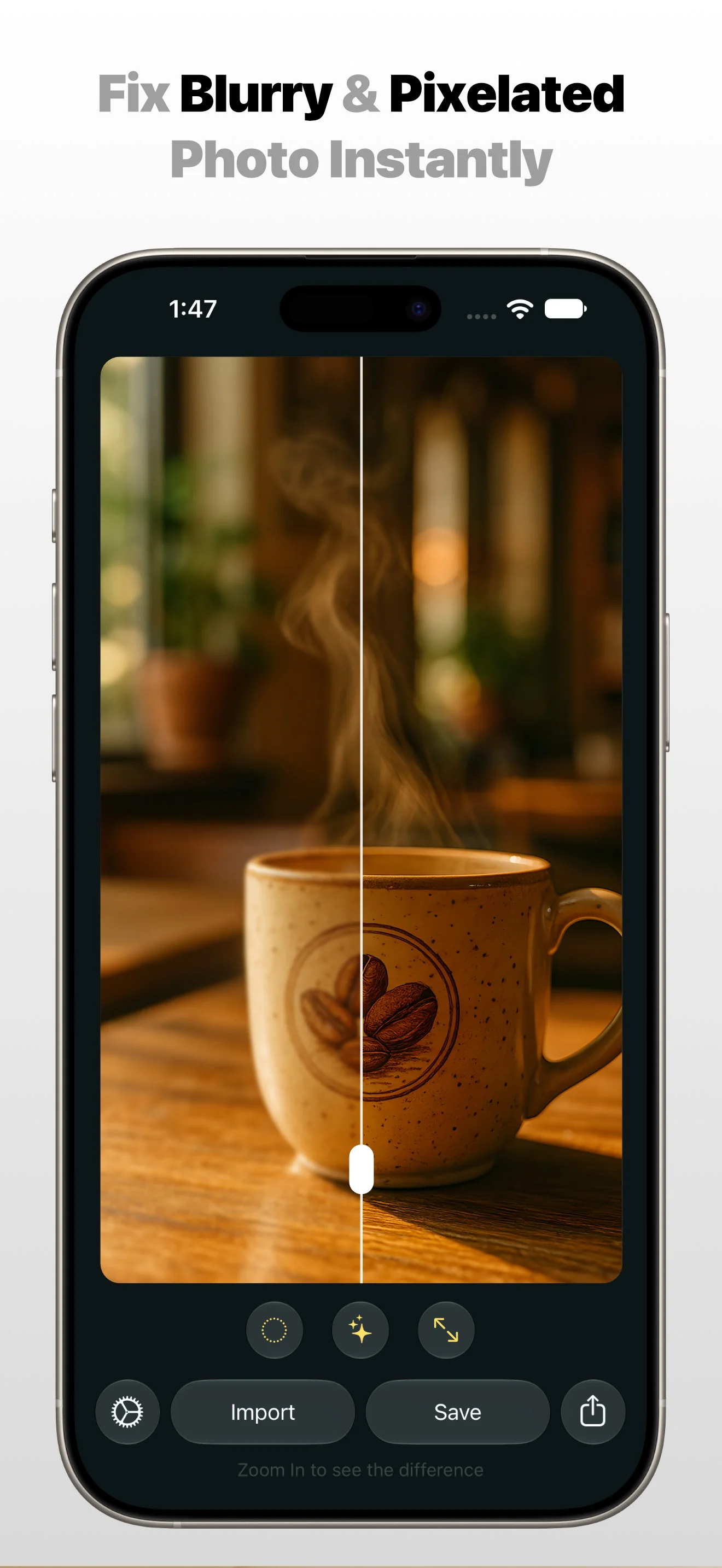 Photo Refinery app on Apple iPhone comparing a blurry coffee-cup photograph with a refined result under Fix Blurry & Pixelated Photo Instantly