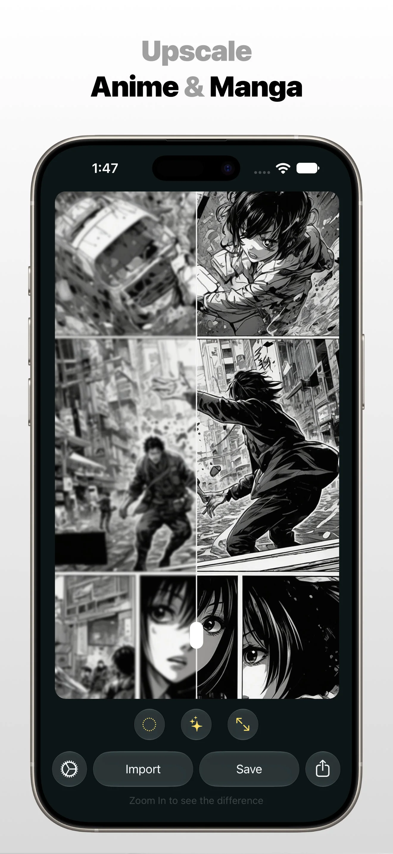 Photo Refinery app on Apple iPhone upscaling black-and-white artwork with the message Upscale Anime & Manga