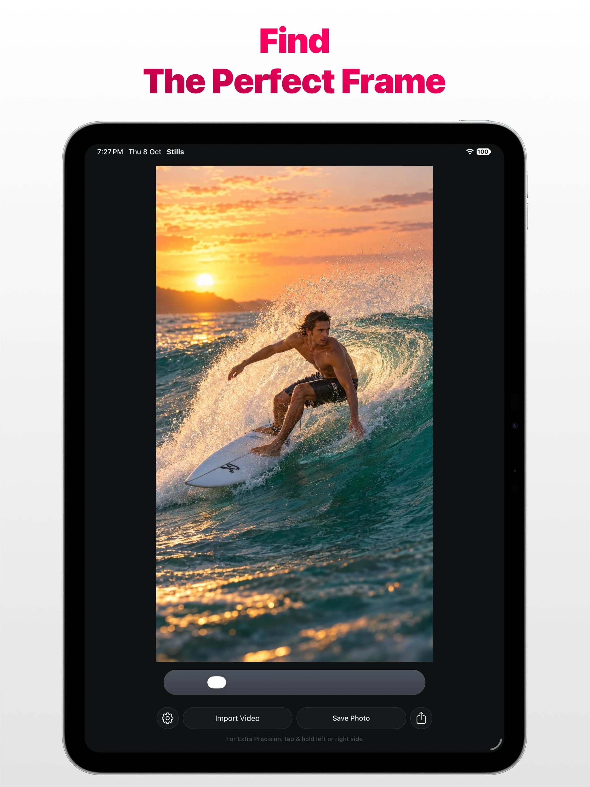 Stills app on Apple iPad selecting a sunset surfer video frame with the message Find The Perfect Frame