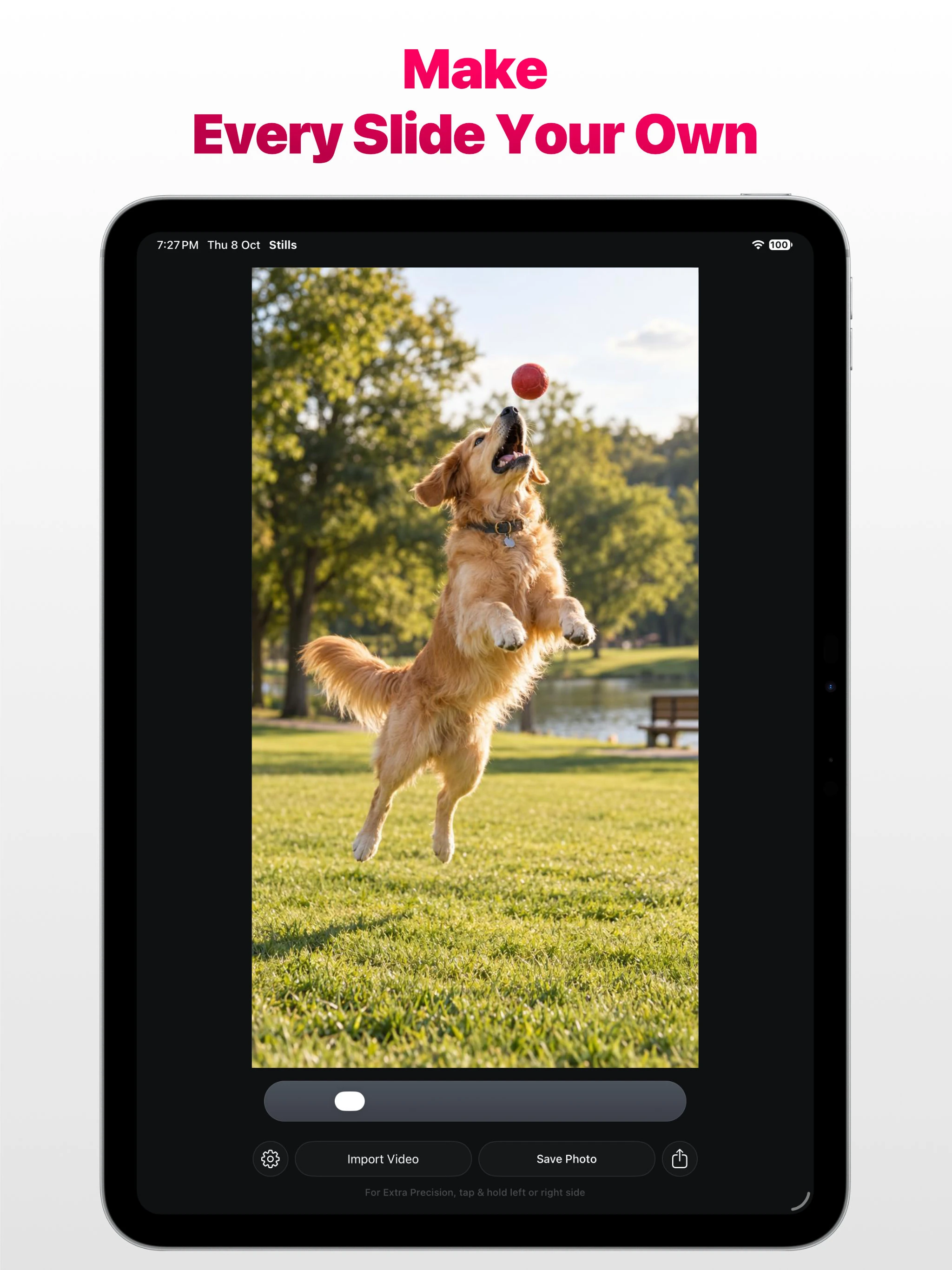 Stills on iPad selecting a video frame of a dog jumping for a ball