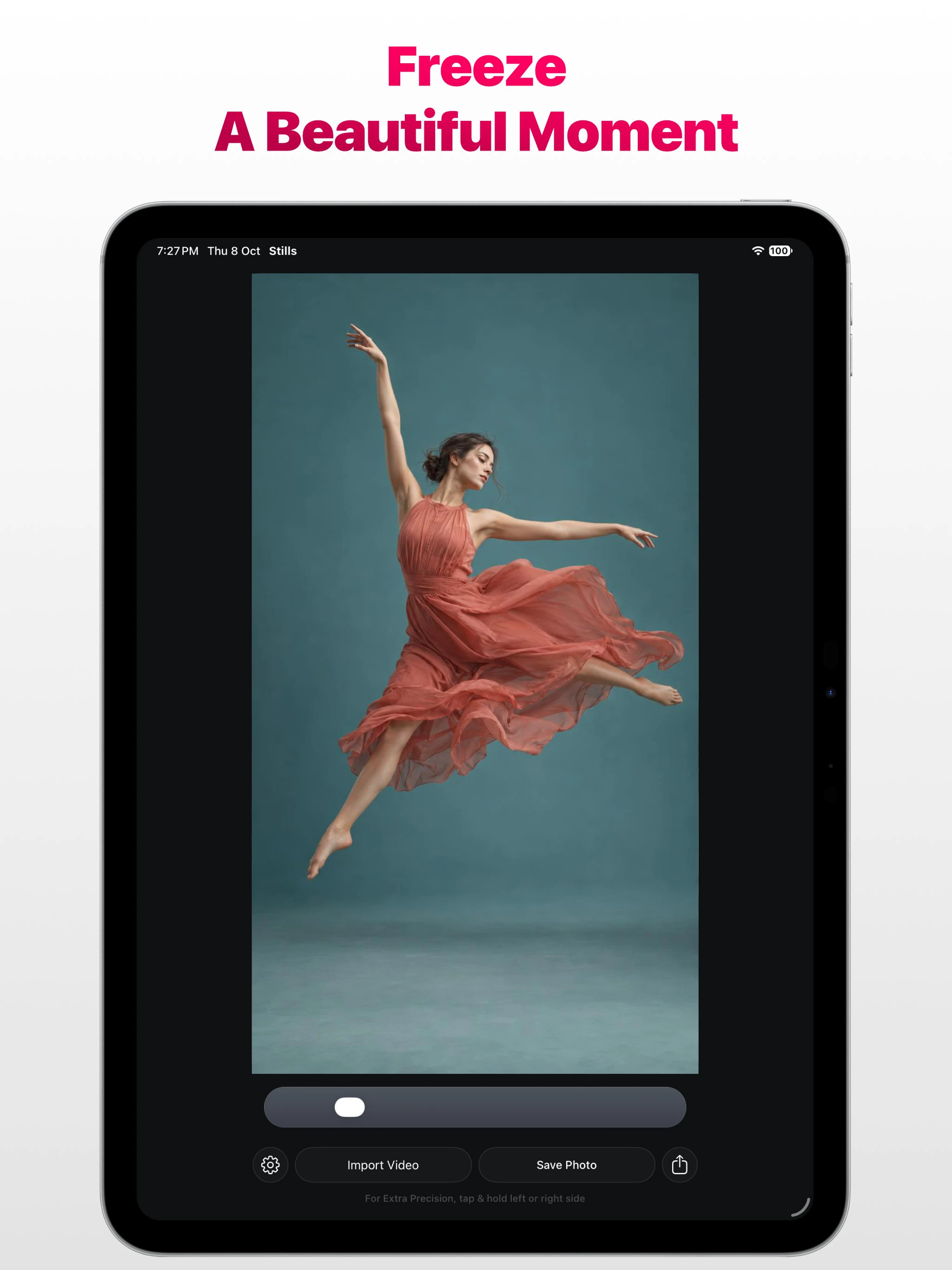 Stills app on Apple iPad selecting a dancer in midair with the message Freeze A Beautiful Moment