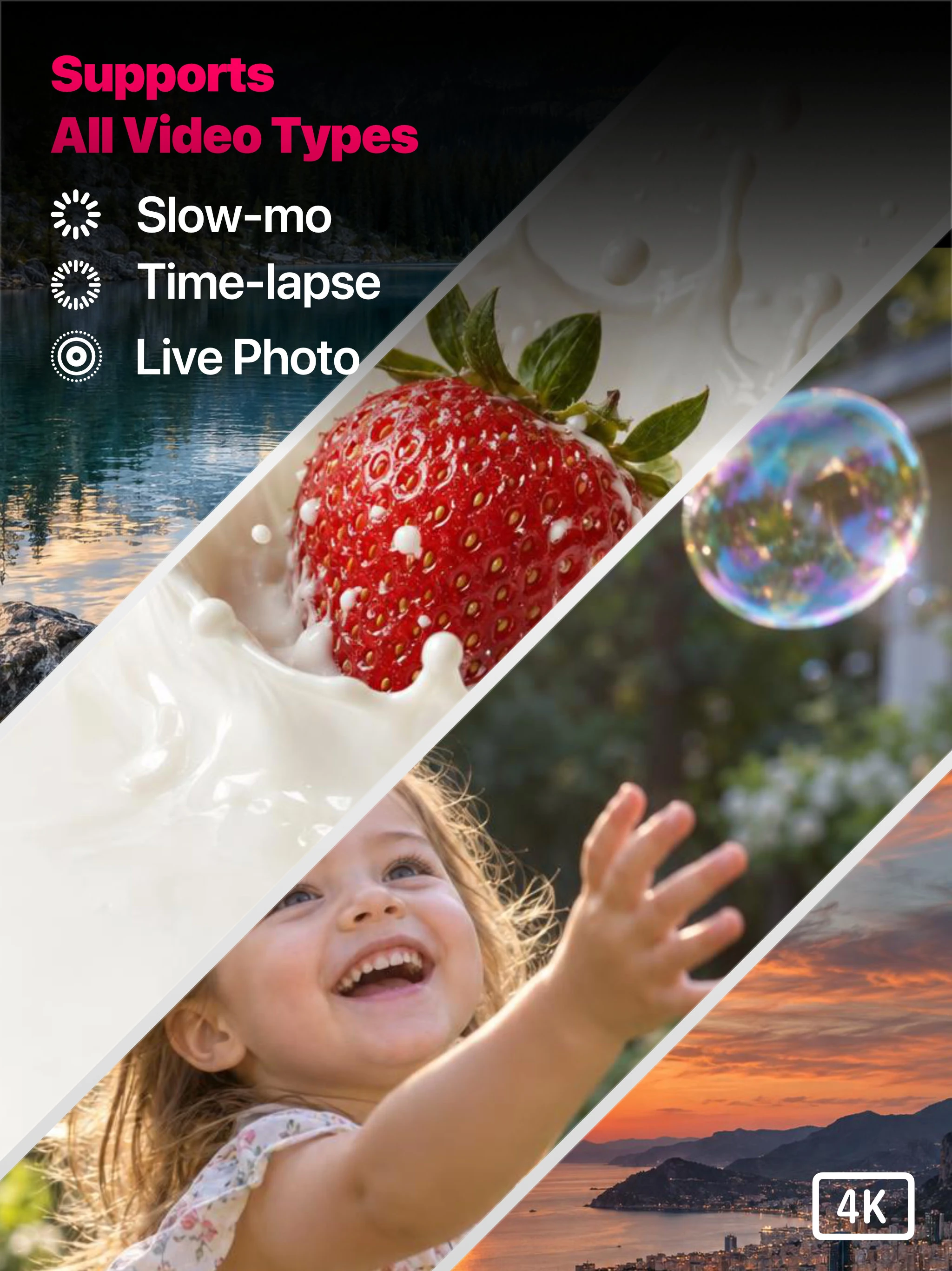 Stills app for Apple iPad highlighting slow-motion, time-lapse, Live Photo and 4K support under Supports All Video Types