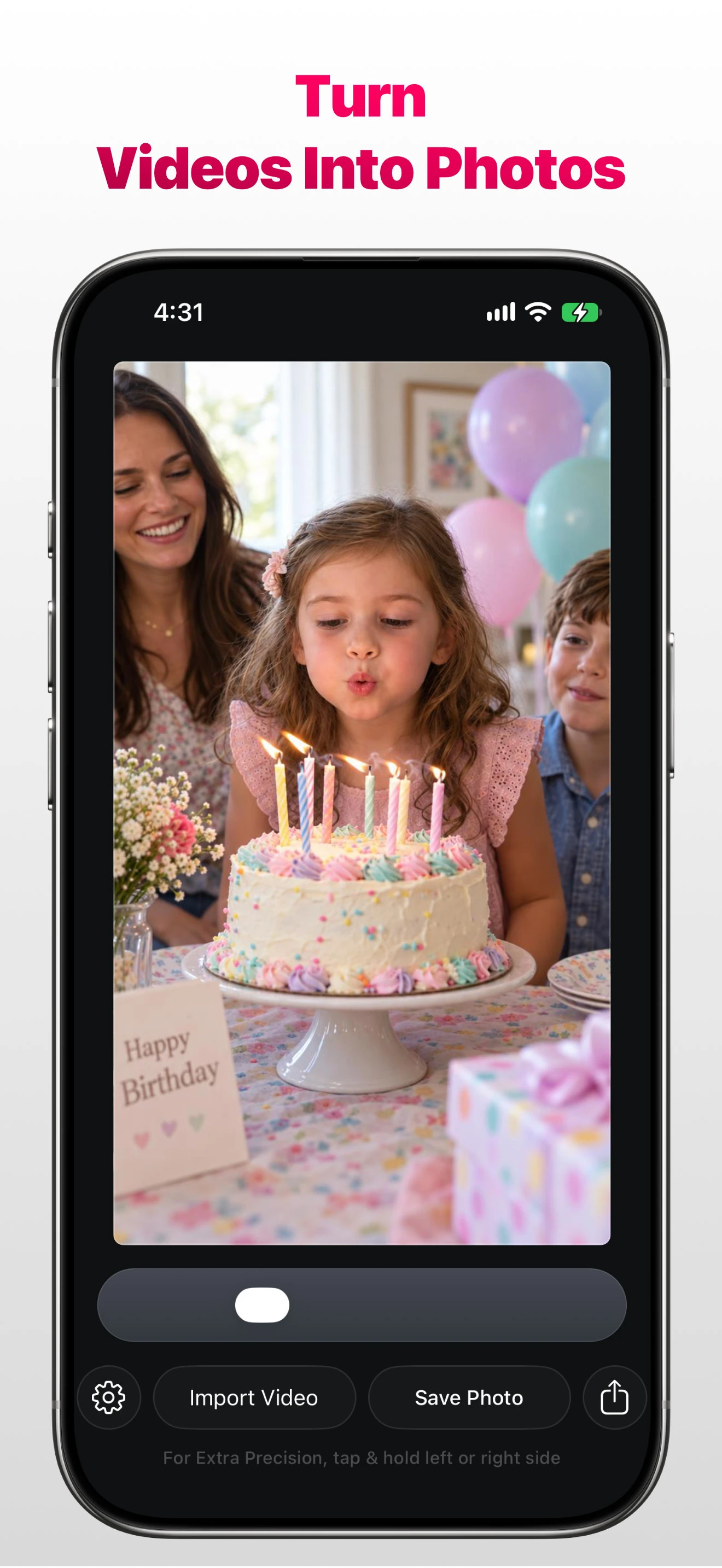 Stills on iPhone showing a birthday moment with its Import Video and Save Photo controls