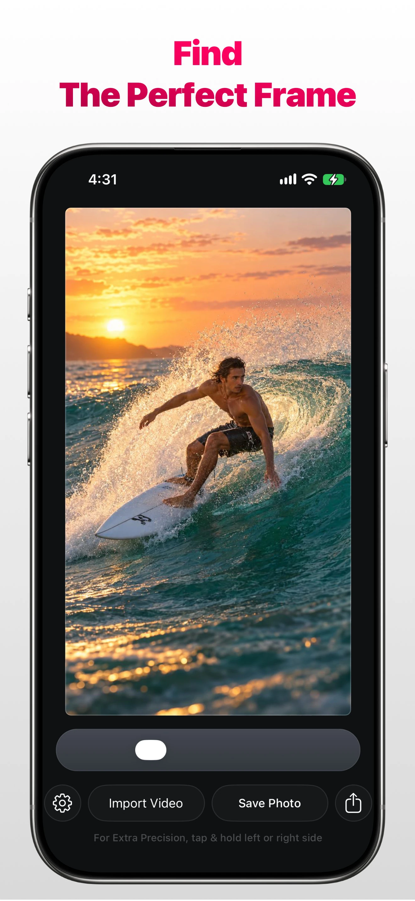 Stills app on Apple iPhone selecting a sunset surfer video frame with the message Find The Perfect Frame