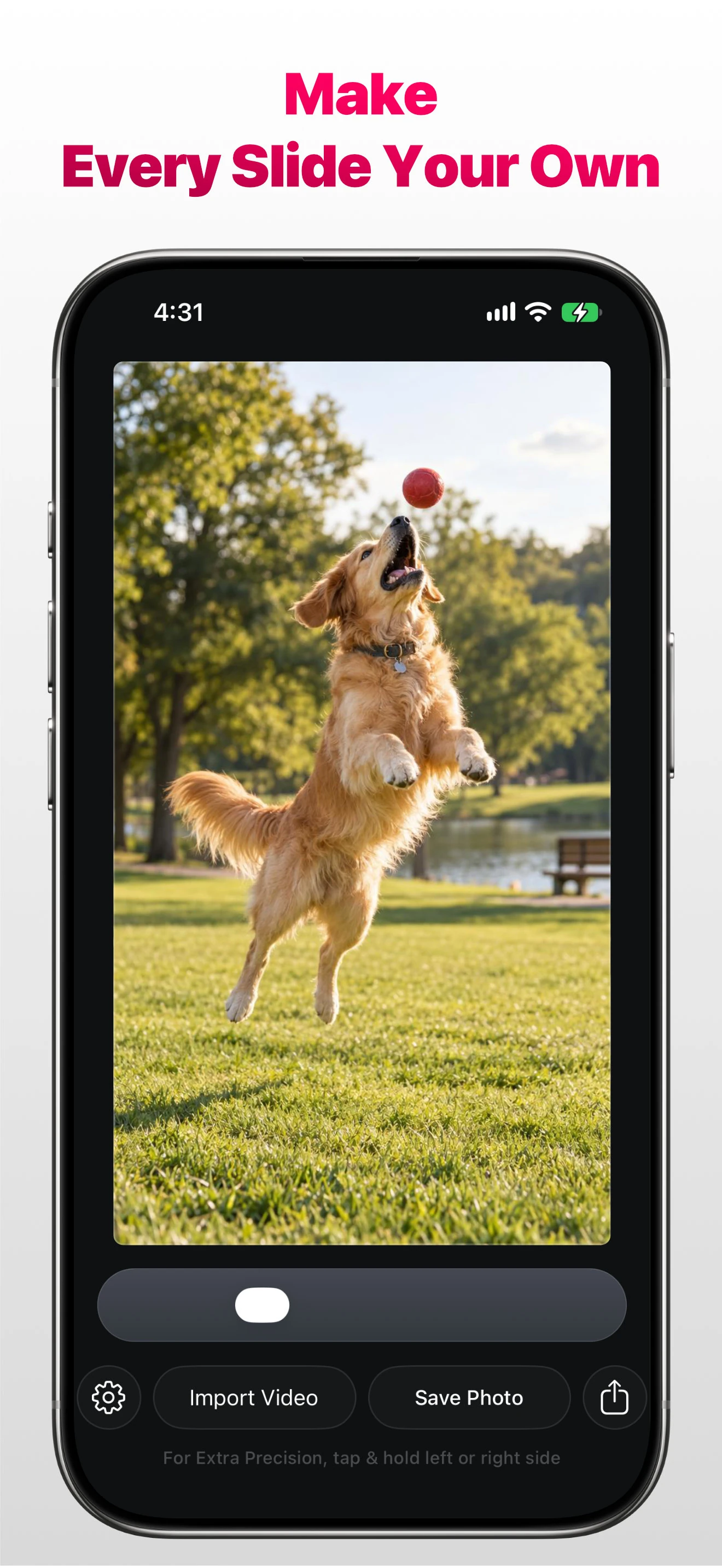 Stills app on Apple iPhone selecting a dog jumping for a ball with the message Make Every Slide Your Own