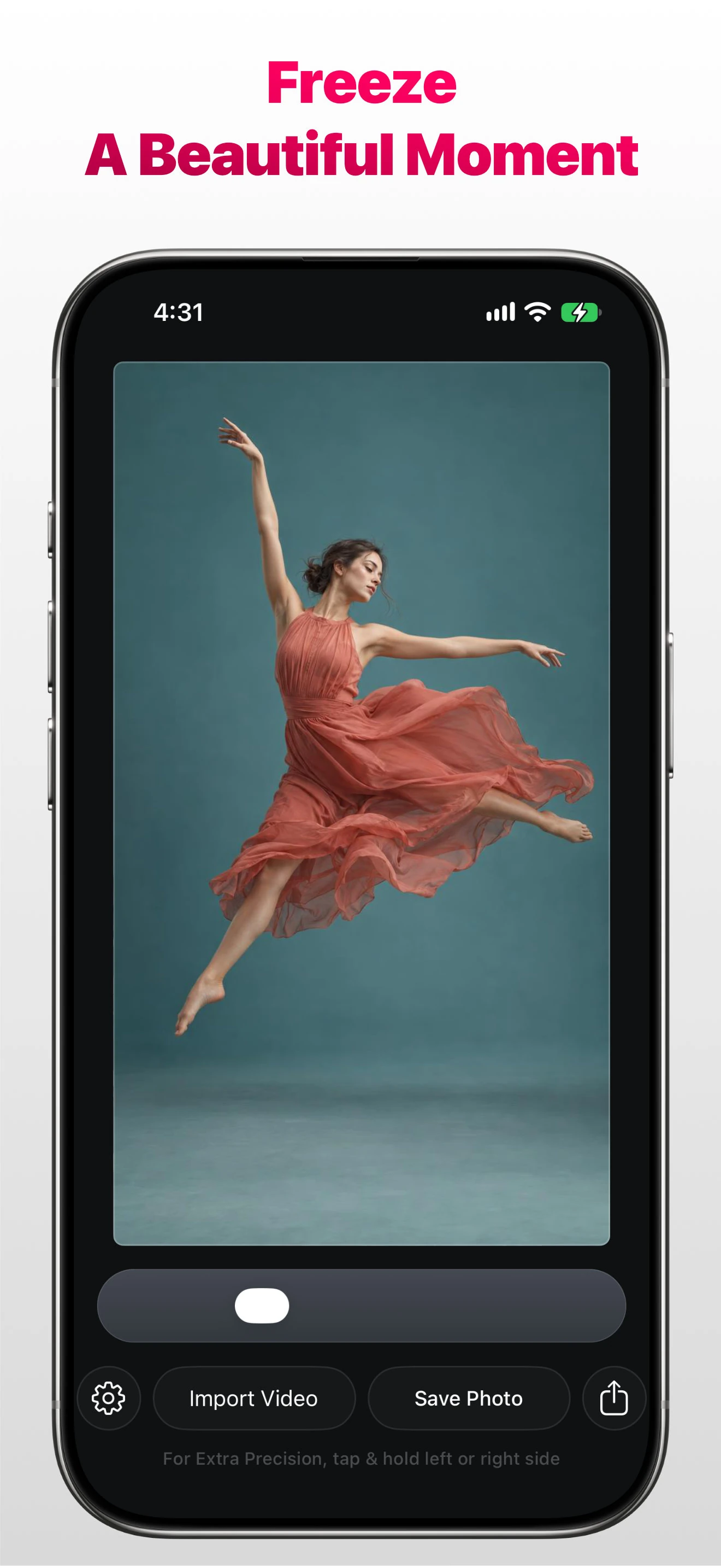 Stills app on Apple iPhone selecting a dancer in midair with the message Freeze A Beautiful Moment