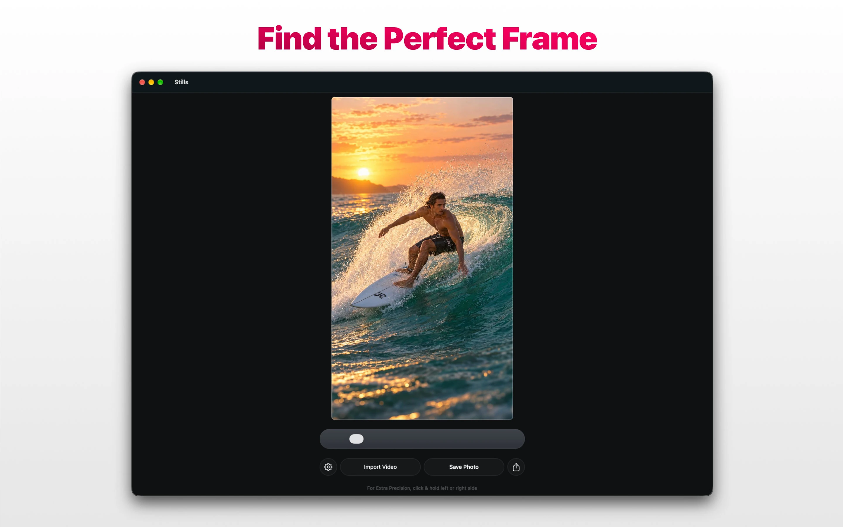 Stills on Mac selecting a sunset surfer video frame in its real app window