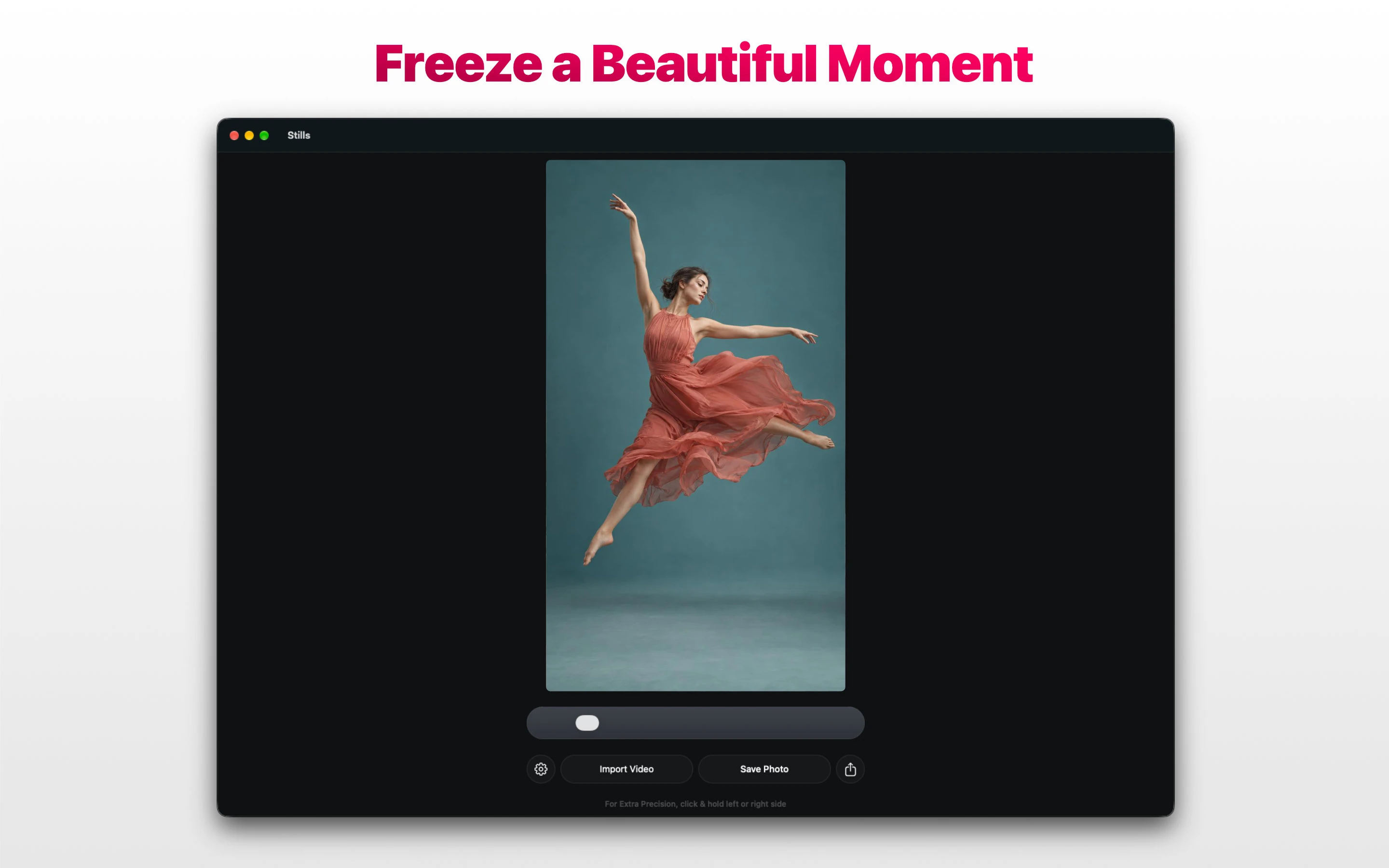Stills app on Apple Mac selecting a dancer in midair with the message Freeze A Beautiful Moment